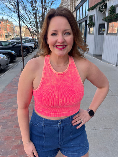 High Neck Cropped Tank - Neon Pink