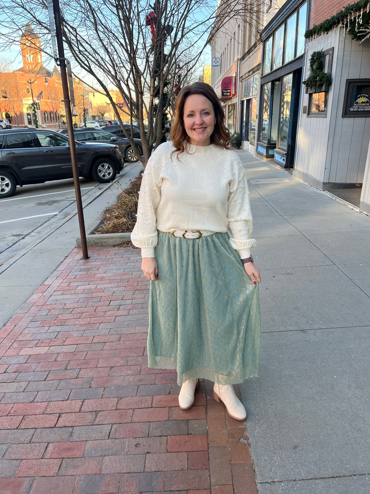 Sage Metallic Midi Skirt