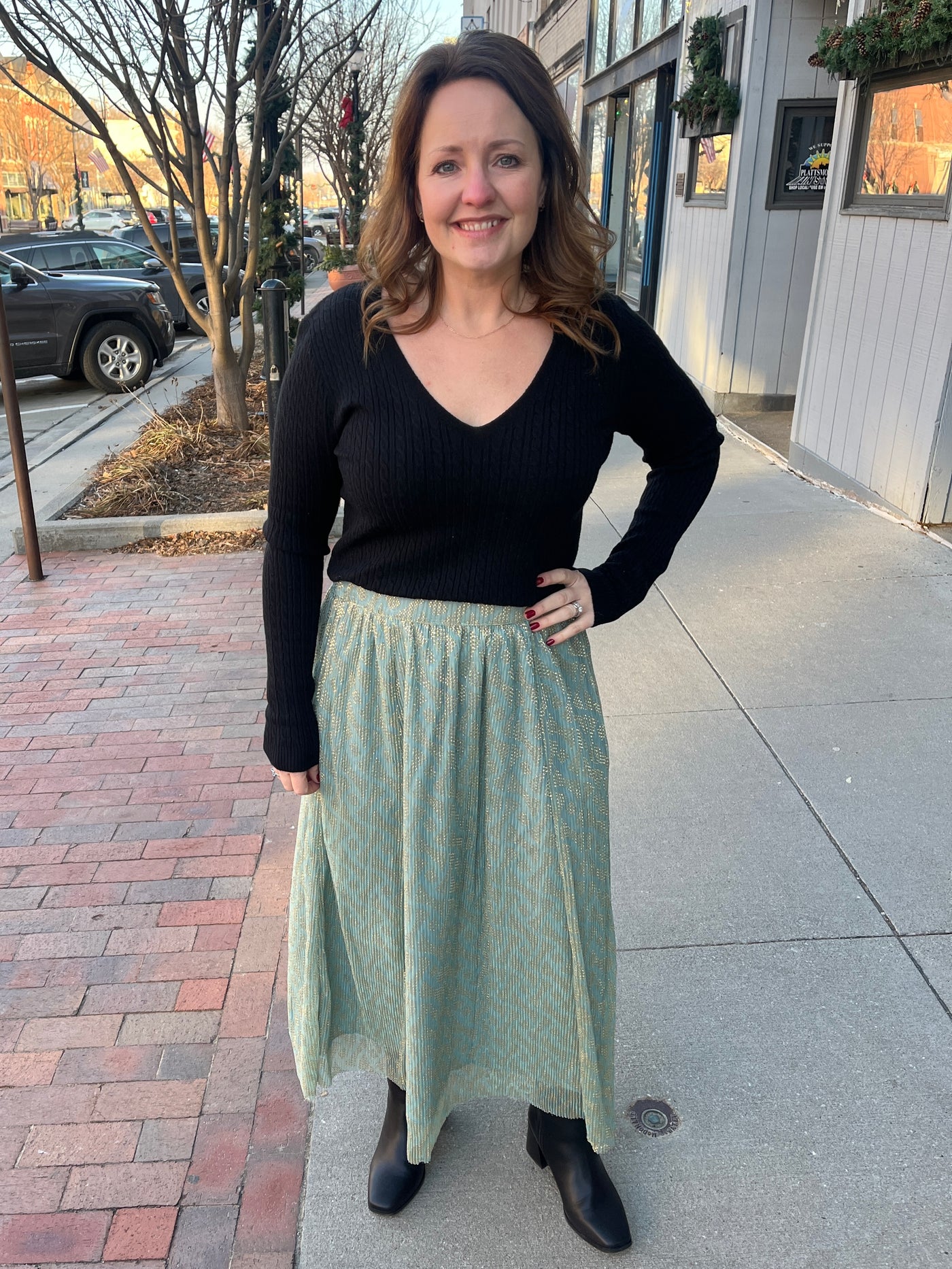 Sage Metallic Midi Skirt