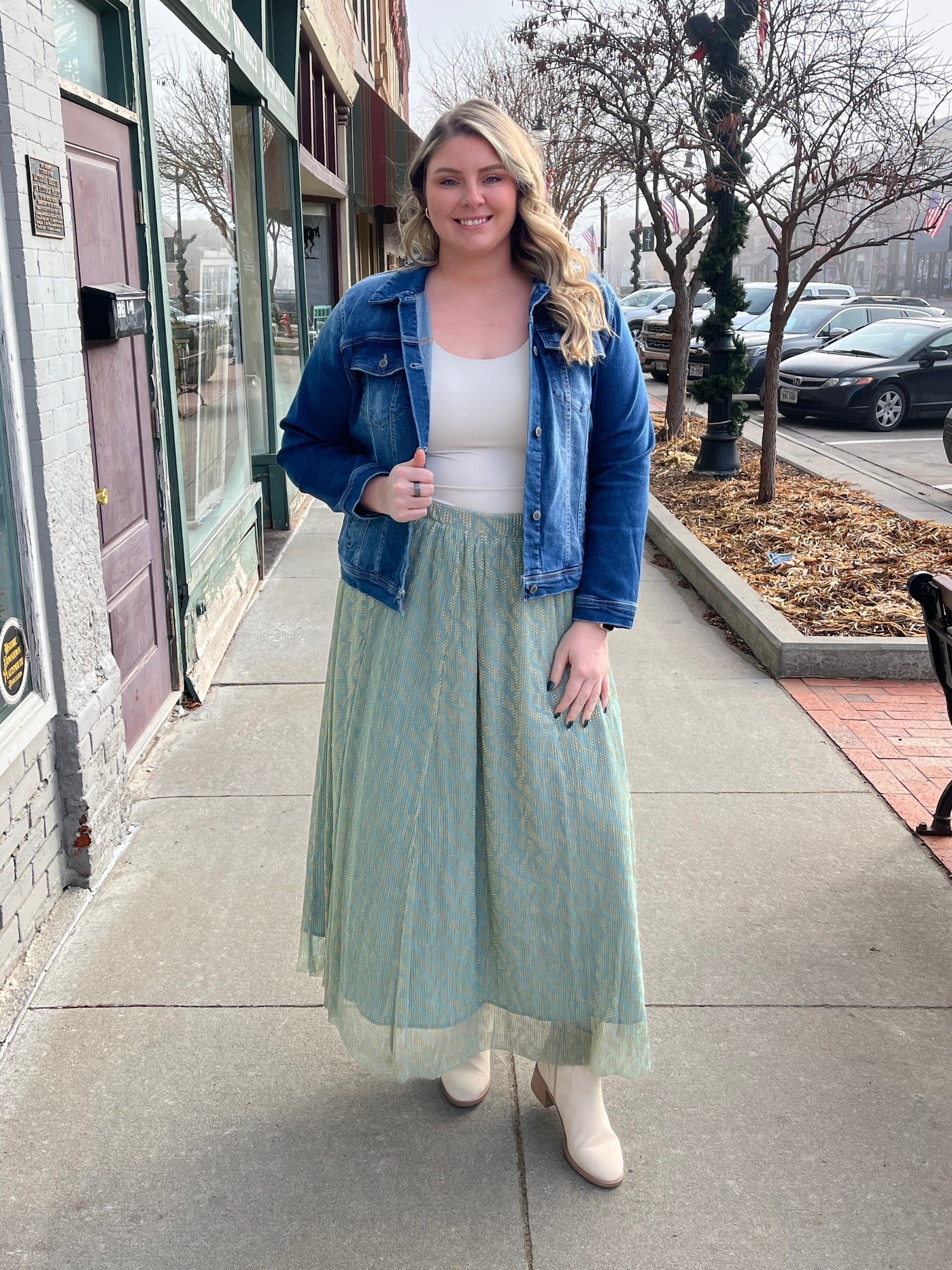 Sage Metallic Midi Skirt