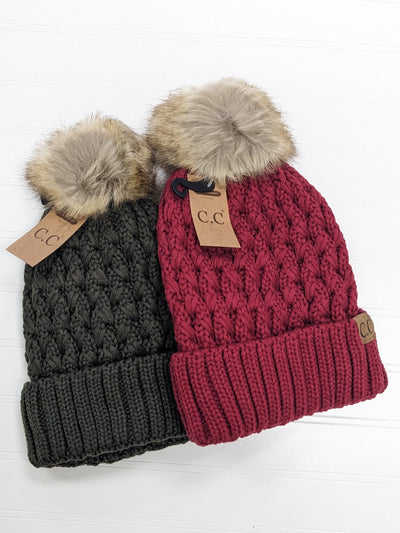 C.C Fleece Lined Pom Cable Beanie