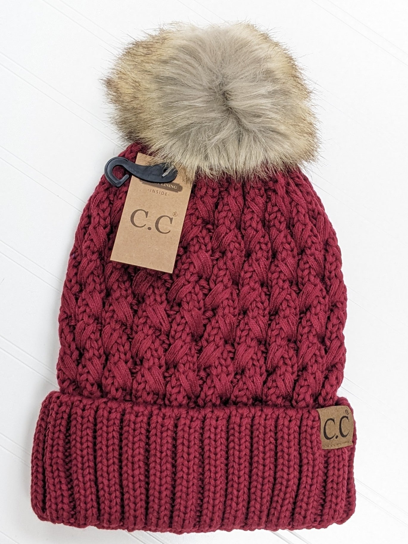 C.C Fleece Lined Pom Cable Beanie