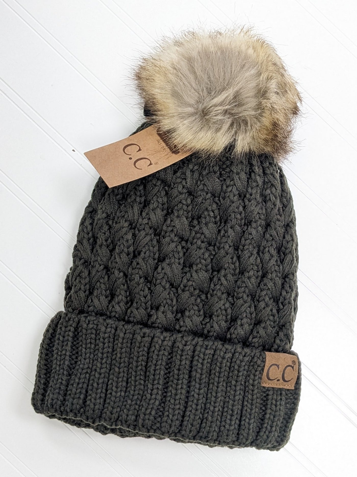 C.C Fleece Lined Pom Cable Beanie